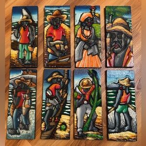 Vintage hand-carved and painted wooden folk art panels from Brazil. Set of 8.